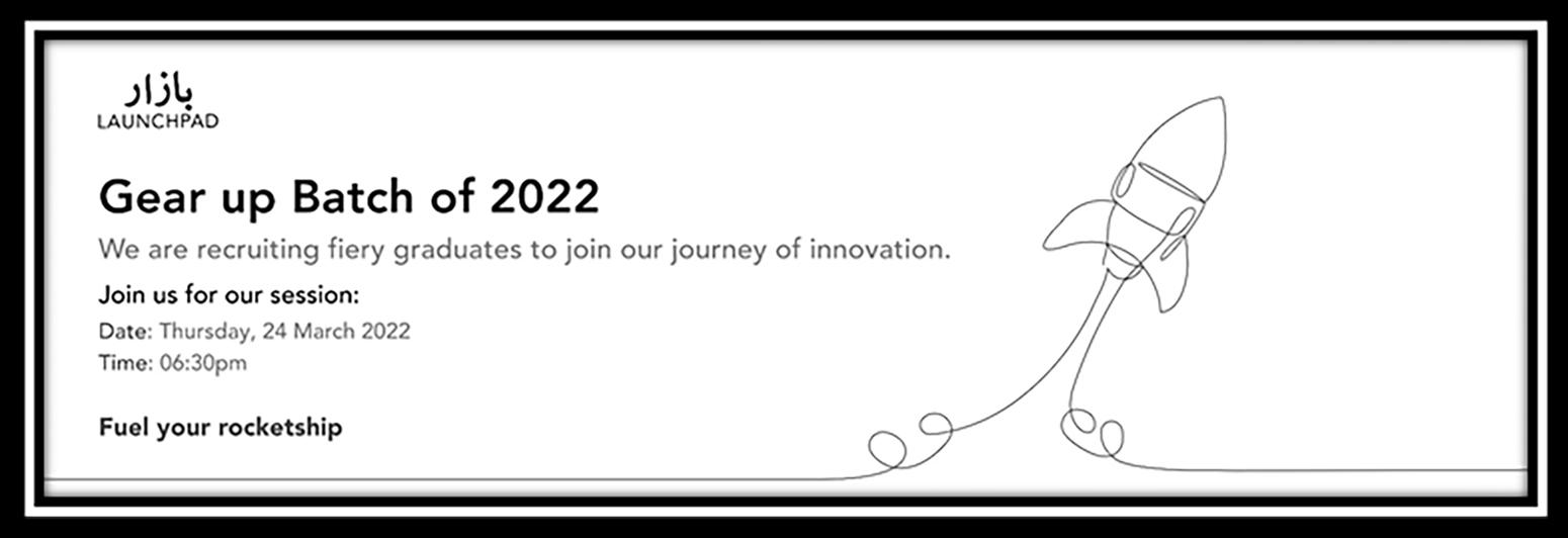 A logo in the shape of a rocket and information on the session on a white background with black border 