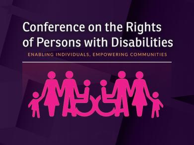 Conference on the Rights of Persons with Disabilities written in white letters over a purple gradient background with an image of diverse figurines of people under the title